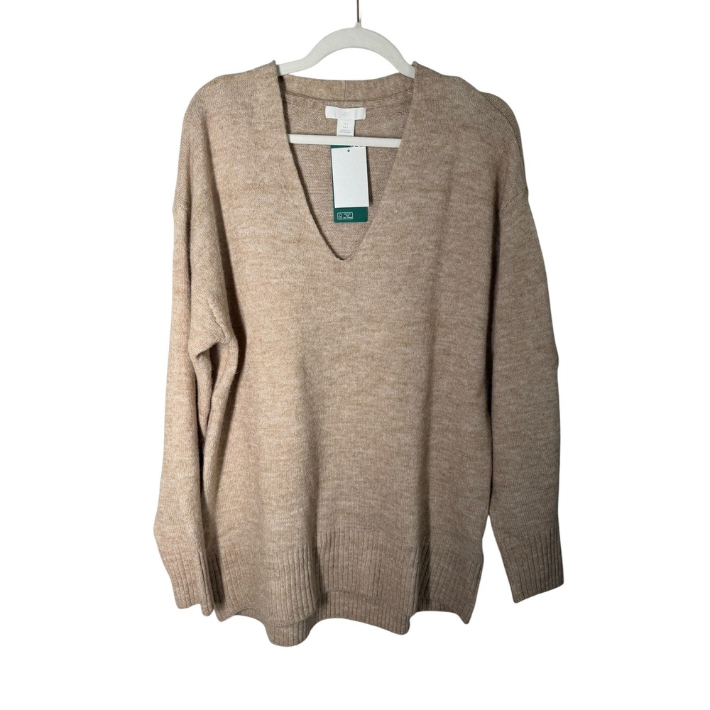 HM Womens V-Neck Sweater Marled‎ Beige Oversized Knit Pullover Small NWT